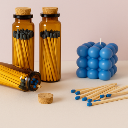 LumaJar Matches – 2” Safety Matches in Amber Glass Jar with Blue or Orange Tips – Decorative Match Holder for Candles & Gifts