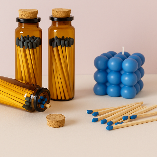 LumaJar Matches – 2” Safety Matches in Amber Glass Jar with Blue or Orange Tips – Decorative Match Holder for Candles & Gifts