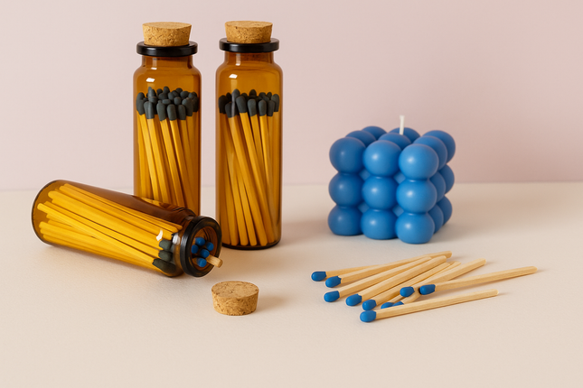 LumaJar Matches – 2” Safety Matches in Amber Glass Jar with Blue or Orange Tips – Decorative Match Holder for Candles & Gifts