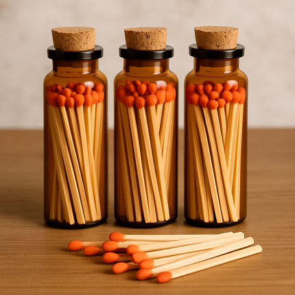 LumaJar Matches – 2” Safety Matches in Amber Glass Jar with Blue or Orange Tips – Decorative Match Holder for Candles & Gifts