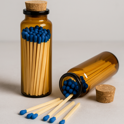 LumaJar Matches – 2” Safety Matches in Amber Glass Jar with Blue or Orange Tips – Decorative Match Holder for Candles & Gifts