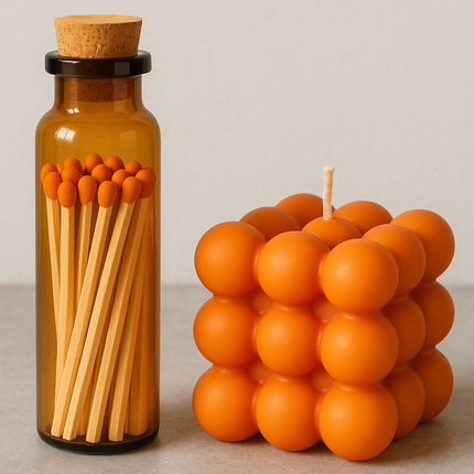 LumaJar Matches – 2” Safety Matches in Amber Glass Jar with Blue or Orange Tips – Decorative Match Holder for Candles & Gifts