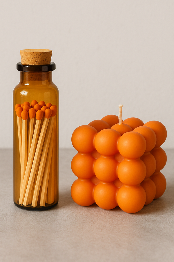 LumaJar Matches – 2” Safety Matches in Amber Glass Jar with Blue or Orange Tips – Decorative Match Holder for Candles & Gifts